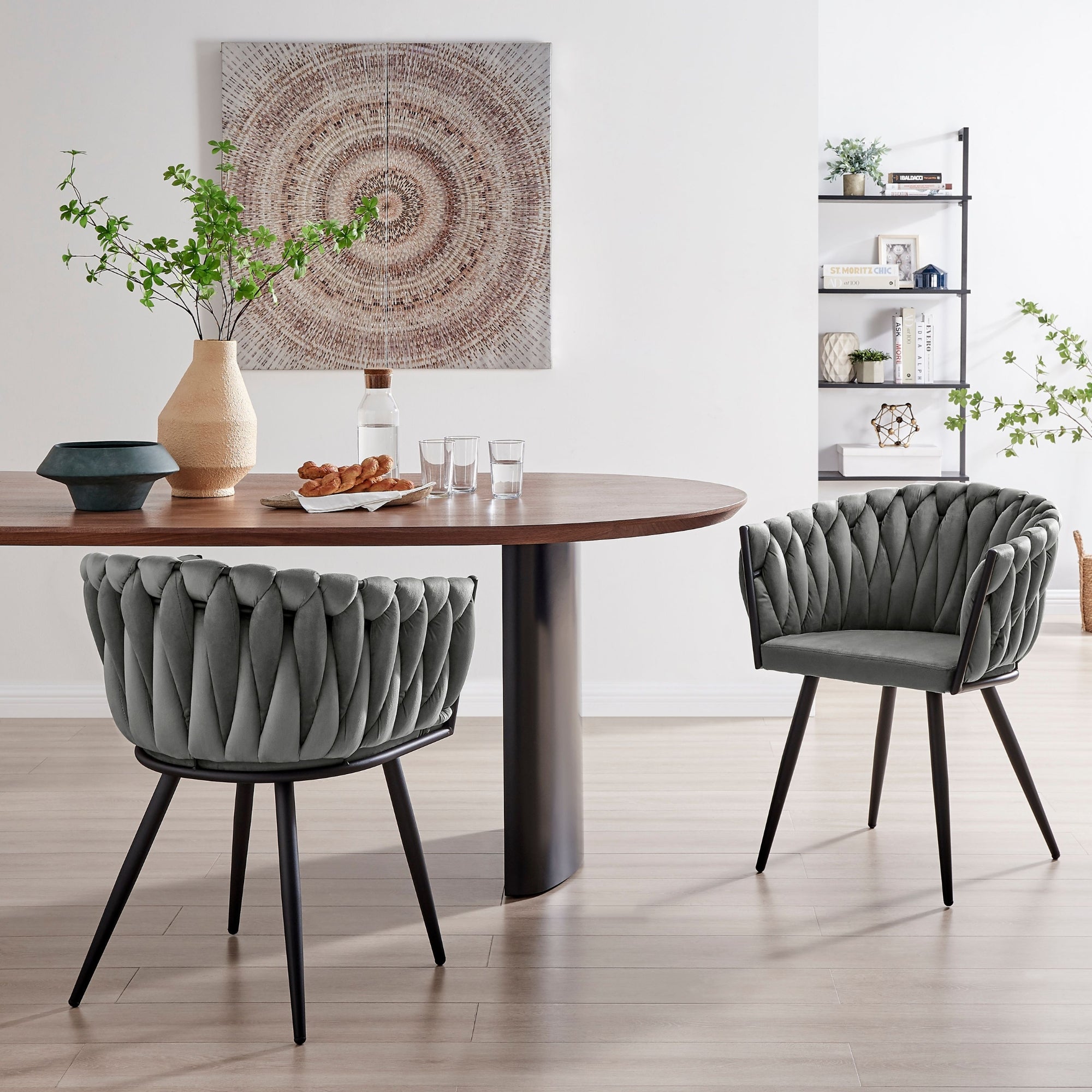 Iris Grey Velvet Braided Weave Dining Chair With Black Frame